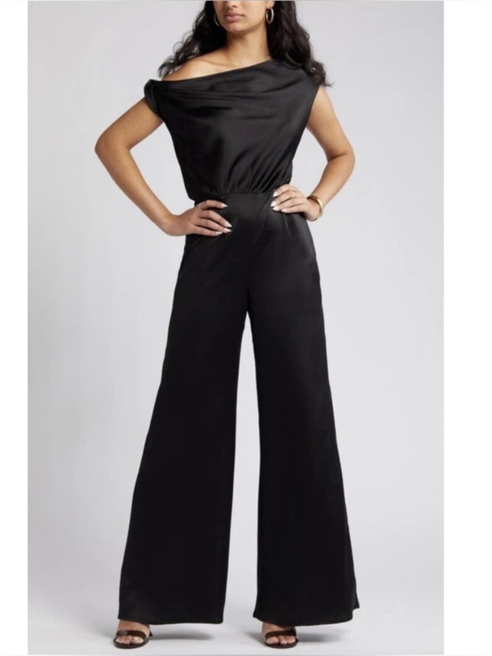 WAYF Keita One Shoulder Satin Jumpsuit in Black